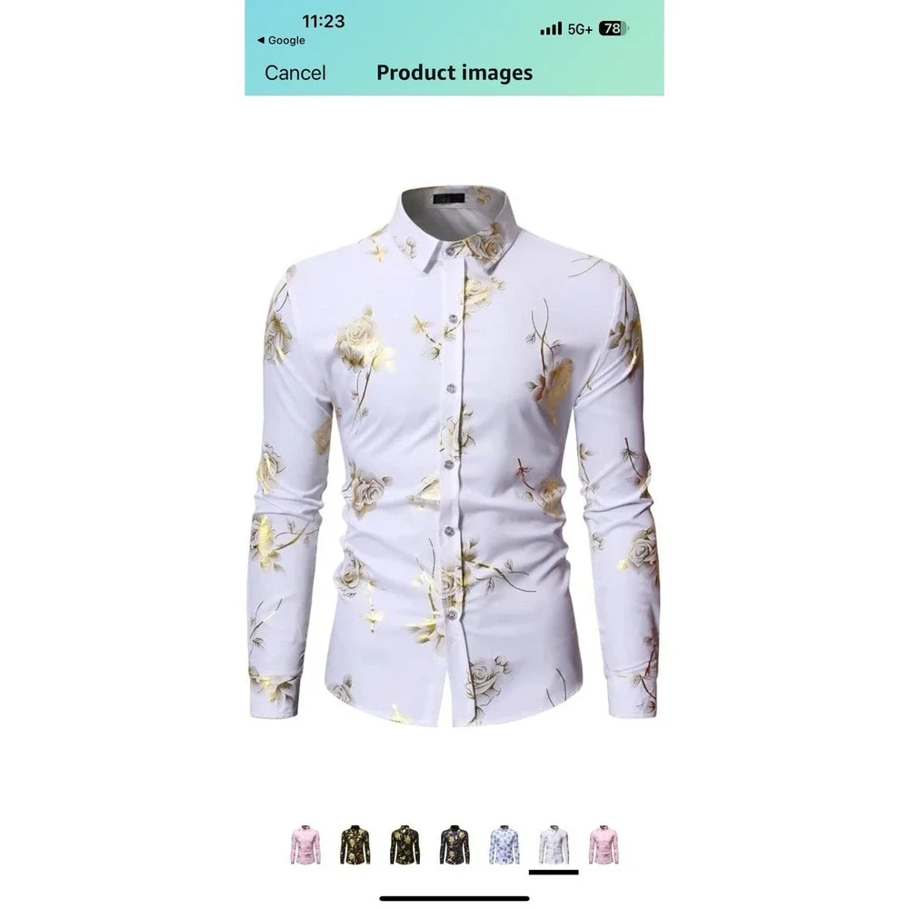 Western White Button Up‎ Shirt With Gold Roses Print Long Sleeve Cowboy Rodeo